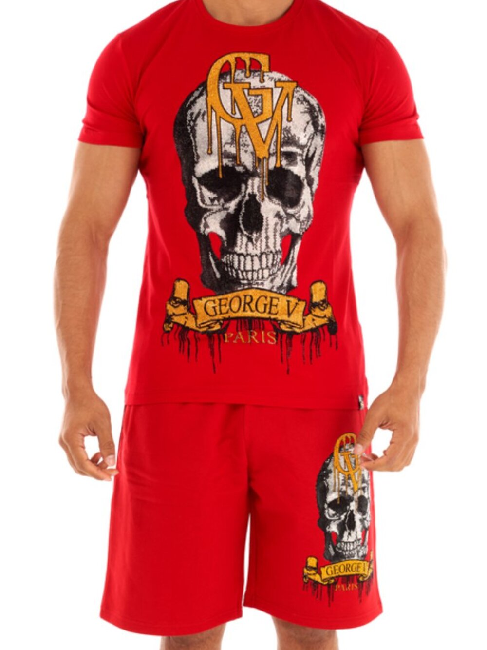 Avenue George V Paris Short Set Men's Short Sleeve RED Rhinestone Skull XL